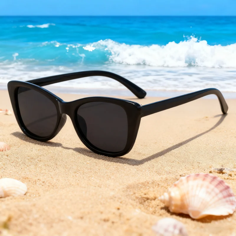A pair of black cat-eye sunglasses with dark lenses, shown against a white background.