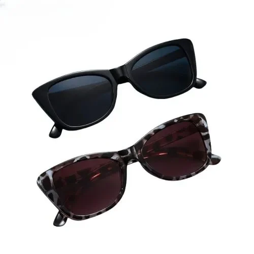 Two pairs of cat-eye sunglasses; one is black with dark lenses, and the other has a tortoiseshell pattern with brown lenses, placed on a white background.
